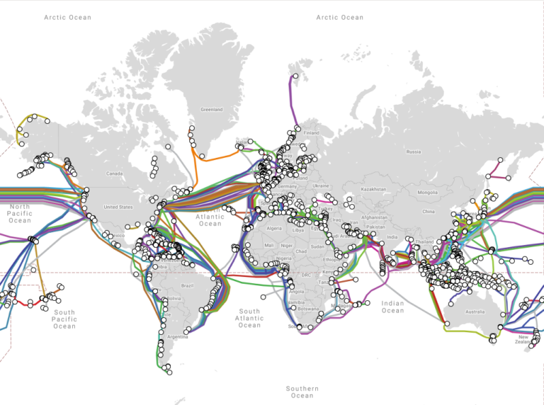 A screenshot taken from Submarine Cable Map that shows multiple subsea cables connecting different continents to allow internet data to travel around the world.