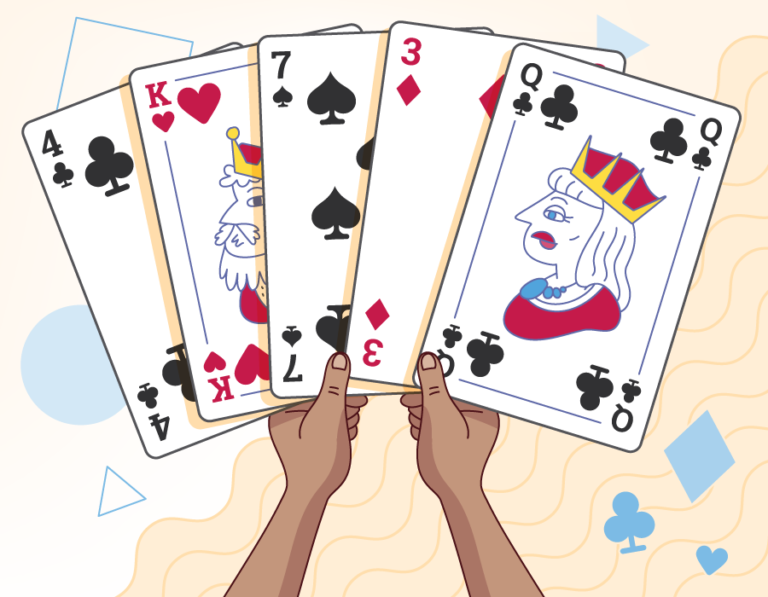 selection cards including four of clubs, king of hearts, seven of spades, three of diamonds and queen of clubs