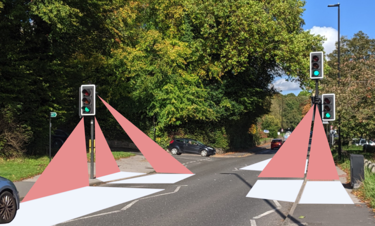 A typical pedestrian crossing, with the areas within which the sensors will detect cars and pedestrians highlighted.