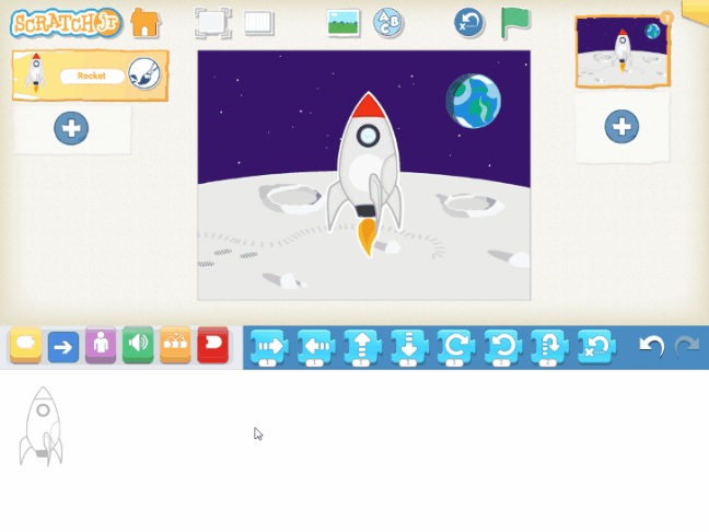 A screencast of ScratchJr - following the instructions given in this section to program the rocket by snapping together code blocks