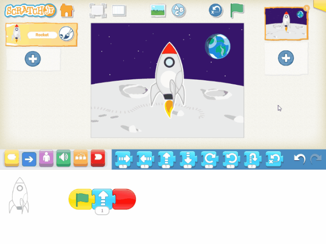 A screencast of ScratchJr - showing the green flag being clicked to run a program above, making the rocket move up one step.