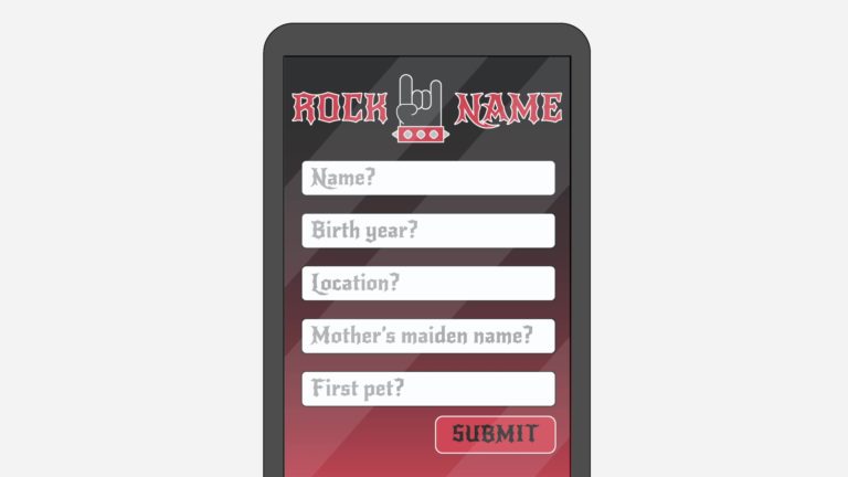 An example of a name generator attack, which asks for your name, birth year, location, mother's maiden name and your first pet