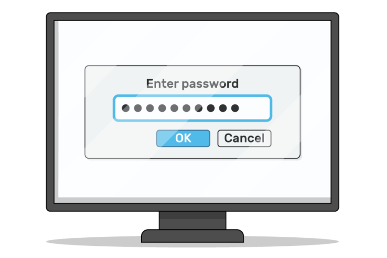 A computer screen showing a login page, a dotted out password has been entered and the OK button is highlighted