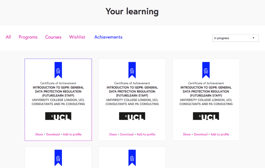 A screen showing the FutureLearn achievements sections. 