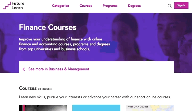 A short clip showing the action of scrolling down the FutureLearn Finance topic page.