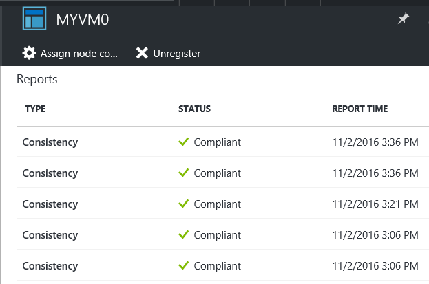 A screenshot of the Nodes tab in Azure Resource Manager, where a specific node has been selected named MYVM0, allowing the user to view all the status reports run on the selected node. The labels are Type (in this case, showing Consistency), Status (saying Compliant), and Report Time which a full-length date and time result.