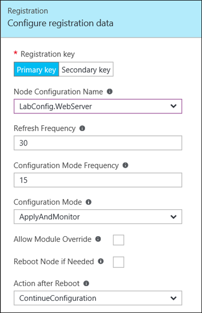 A screenshot of the registration data configuration pop-up for new machines. The labels on the window are Registration key (a required field which can be set to either Primary or Secondary key), Node Configuration Name, Refresh Frequency, Configuration Mode Frequency, Configuration Mode, Allow Module Override, Reboot Node if Needed, and Action after Reboot.