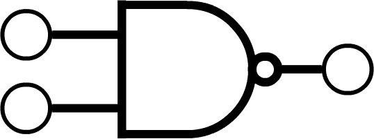 A symbol that looks like an extended D with a small circle touching its right-most point. Two inputs and an output are represented with larger circles connected with straight lines - the inputs are connected on the left-hand side approximately one quarter and three quarters of the way down the straight edge of the D, and the output is connected on the right-hand side to the small circle.