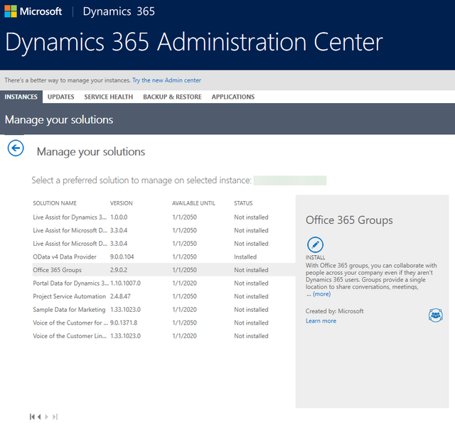 A screenshot of the Instances tab of the Dynamics 365 Administration Center, titled Manage your solutions. There is a list of Solution Names, with corresponding Versions, Available Until dates, and Status