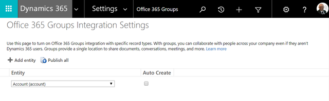 A screenshot of the Dynamics 365 Office 365 Groups Integrations settings screen, choosing which entities to enable group integration for