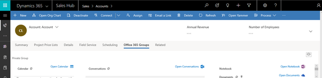 A screenshot of an account on Dynamics 365, with the Office 365 Groups tab in view