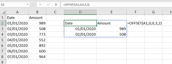 Excel sheet with offset function
