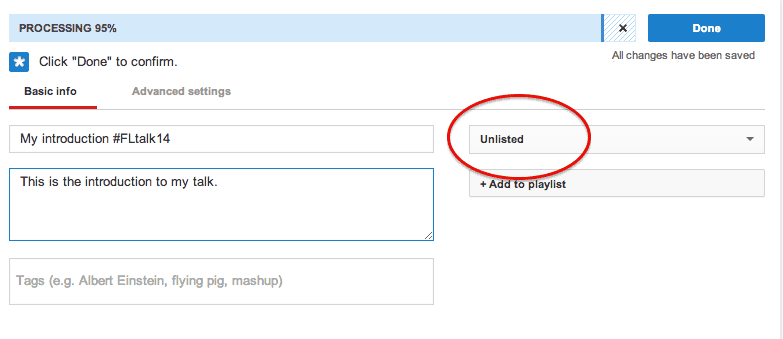YouTube's upload interface, with the Unlisted option highlighted in the Basic info section.