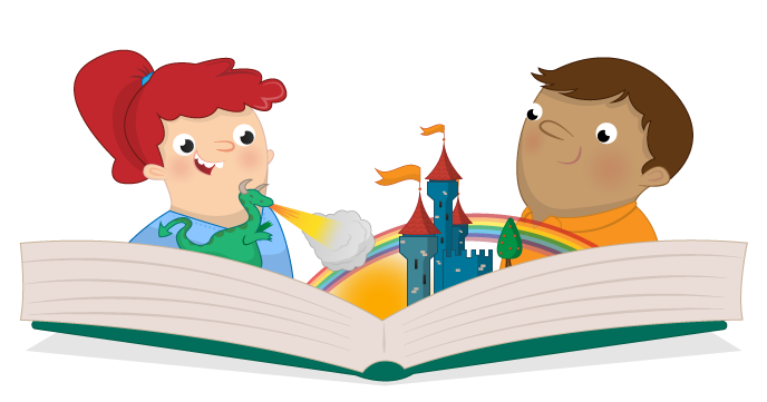 Two children reading a book with images of a dragon blowing fire onto a castle, a sun, and rainbow, all coming out of the book.