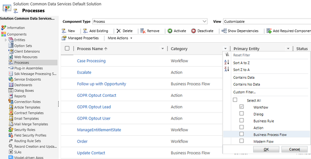 Screenshot of business processes with filter applied for workflows