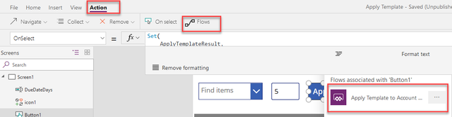 Screenshot of referencing the flow in the Canvas app