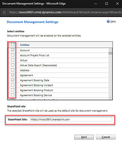 A screenshot of the Document Management Settings screen, with the selectable entities tick-boxes highlighted, as well as the URL for the SharePoint site 