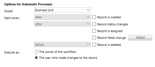 Screenshot showing options for automatic process