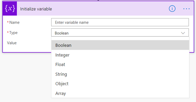 Screenshot showing initialise variable types