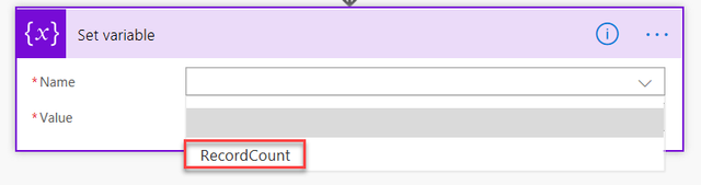 Screenshot showing variable set to RecordCount