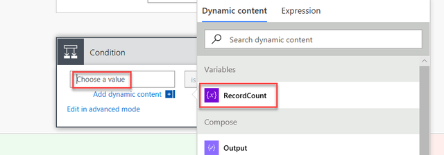 Screenshot of selecting the variable type RecordCount