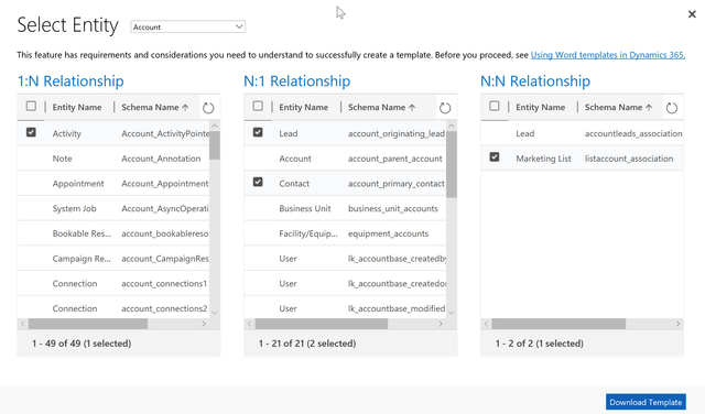 A screenshot of the Select Entity screen, allowing for a 1:N Relationship, N:1 Relationship, or N:N Relationship choices