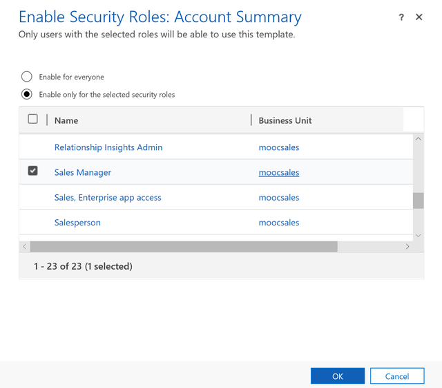 A screenshot of Enable Security Roles: Account Summary, with the option to enable it only for the Sales Manager role selected