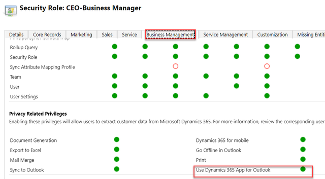 A screenshot of the security role for a specific profile, called CEO-Business Manager. The column header ‘Business Management’ and the option ‘User Dynamics 365 App for Outlook’ are highlighted