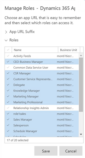 The available roles from are shown in a popup, with headings Name and Business Unit, and a tickable column.