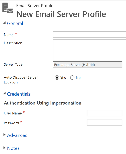 a screenshot of New Email Server Profile screen, with Server Type set to Exchange Server (Hybrid)