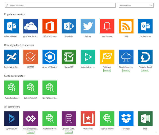 Screenshot of common connectors available on the Microsoft platform