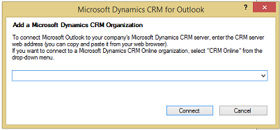 Microsoft Dynamics CRM for Outlook pop-up with a message reading ‘Add a Microsoft Dynamics CRM organization: To connect Microsoft Outlook to your company’s Microsoft Dynamics CRM server, enter the CRM server web address (you can copy and paste it from your web browser). If you want to connect to a Microsoft Dynamics CRM Online organisation, select “CRM Online” from the drop-down menu.’