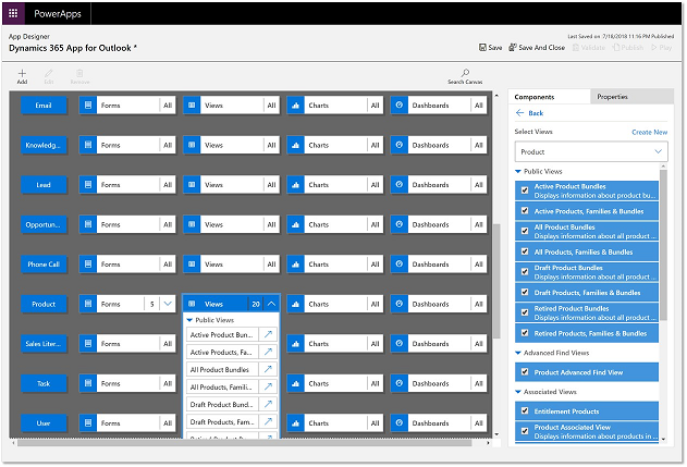 A screenshot of the App Designer section of PowerApps, showing a drag-and-drop designer for Dynamics 365 App for Outlook. The Views dropdown for the Product row has been opened, showing selected options in the right-hand ‘Components’ pane.