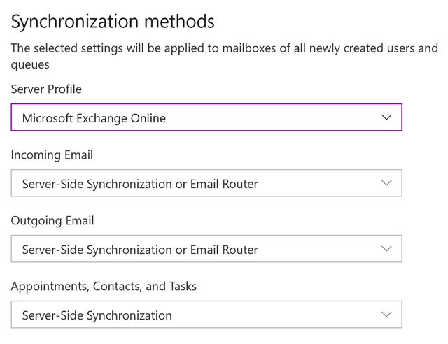 screenshot of the Synchronisation methods window. Server profile is set to Microsoft Exchange Online, Incoming Email is set to Server-Side Synchronisation or Email Router, Outgoing Email is set to Server-Side Synchronisation or Email Router, Appointments Contacts and Tasks set to Server-Side Synchronisation