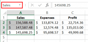 Sales range selected in excel