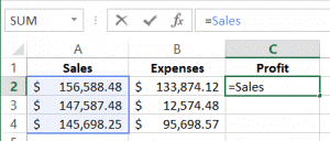 spreadsheet showing names being used in formula