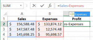 spreadsheet showing names being used in formula