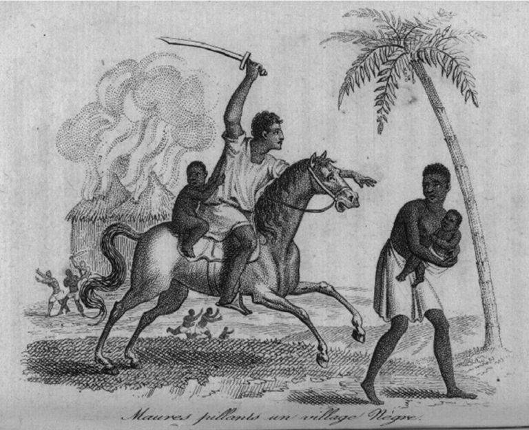 Illustration of Moors Plundering a Village for Slaves, Senegal, 1780s