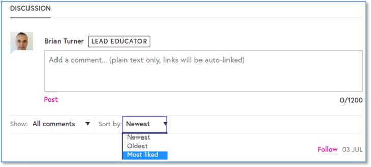 A screen shot of the discussion area with the comment box appearing and a dropdown menu where you can filter the list of sort by to either 'newest', 'oldest' and 'most liked'