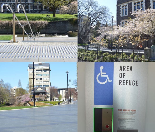 Collage of different spaces that are accessible to everyone. Ramps, wide paths, rails and textured floors