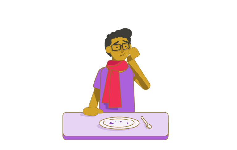 An illustration of a teenage boy sat at the kitchen table with a half eaten plate of food in front of him. He is holding his cheek and grimacing in pain