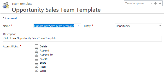 Screenshot of Opportunity Sales Team Template that has Read, Write, Append, and Append To privileges.
