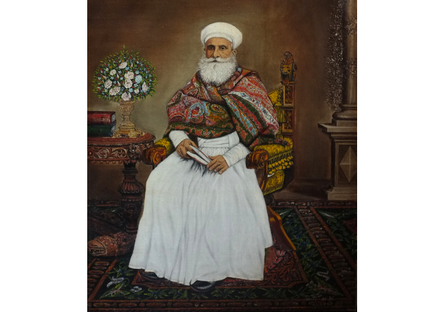 Oil painting of Dastur Noshirwan sat on an ornate chair