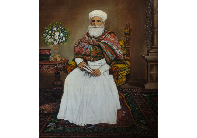 Dastur Noshirwan Dastur Kaikhushru Behram Framroz (1822–97) Oil painting of Dastur Noshirwan sat on an ornate chair
