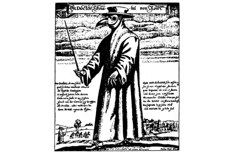 Drawing illustrating physician attire for protection consisting of hat, floor-length cloak and beak shaped mask. The figure is also carrying a stick