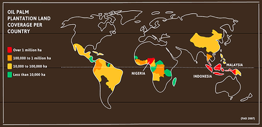 Map illustrating the amount of oil palm plantation land coverage in certain countries. Outline of the world map in white on a brown background. Key shows that red areas equal over one million ha; Orange areas equal 100,000 to one million ha; Yellow areas equal 10,000 to 100,000ha; Green areas equal less than 10,000ha. Indonesia and Nigeria are red areas. Columbia, Equador, Democratic Republic of Congo, Cambodia and Thailand are orange areas. Malaysia, China, Angola, Brazil, and Mexico are yellow areas. Madagascar, Tanzania, Senegal, Panama, Coasta Rica and Guatemala are green areas.