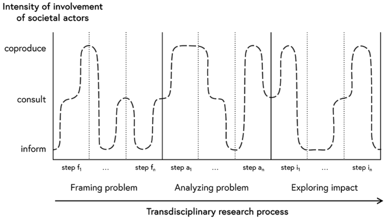 Diagram depicting the transdisciplinary research process, showing an example of interaction sequence. It shows the intensity with which societal actors are involved in the transdisciplinary research process. The x-axis is labelled from bottom to top with ‘inform’, ‘consult’ and ‘coproduce’. The y-axis shows the three phases of the transdisciplinary research process. From left to right: ‘framing problem’, ‘analysing problem’ and ‘exploring impact’. A dotted curve, starting on the left-hand side on the level of ‘inform’ rises to consult, then to coproduce and back to inform. The wiggly line is just an example illustrating that in each sub-step of a phase and depending of the action of ‘inform’, ‘consult’ or ‘coproduce’ the involvement of the societal actors changes according to their role.