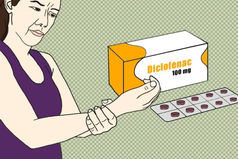 The illustration shows a women with a hurting wrist as well as a package of diclofenac, an analgesic.