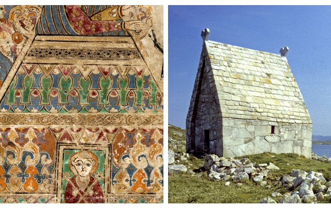 Figures 2-3, detail of the temple from the Book of Kells, and an early Irish church, respectively