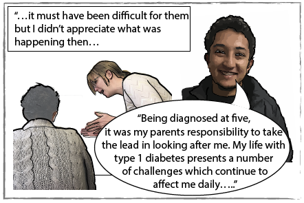 Carlos as an adult saying "being diagnosed at five, It was my parents responsibility to take the lead in looking after me. My life with type 1 diabetes presents a number of cahllenages which continue to affect me daily." The image is captioned: it must have been difficult for them but I didn't appreciate what was happening then.